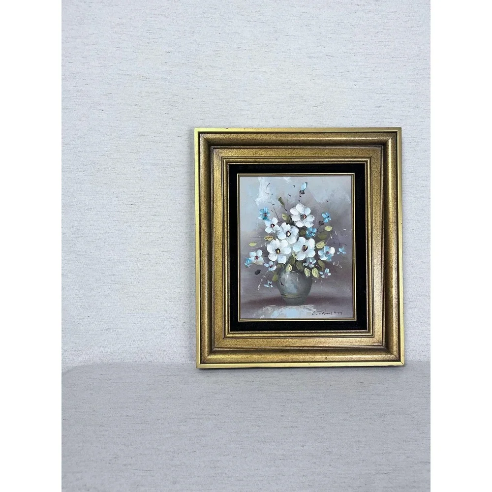 Vintage Floral Oil Painting | Gold Framed Wall Art, Mid-Century Moody Still Life